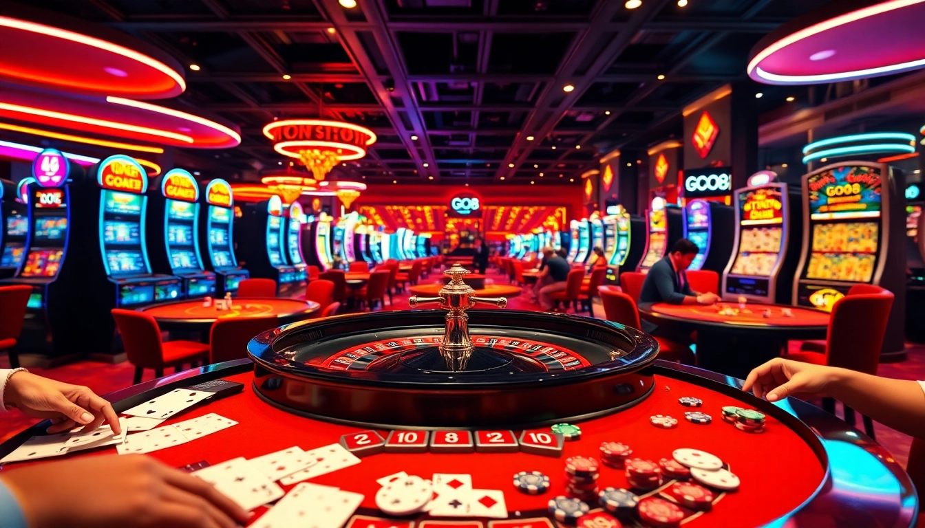 GO8 lights illuminate a bustling casino table where players engage in lively bets.