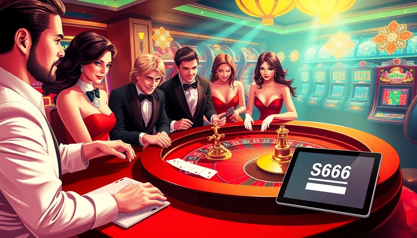 Experience the thrill of gambling with S666 đăng nhập showcased in a vibrant casino setting featuring roulette and slot machines.