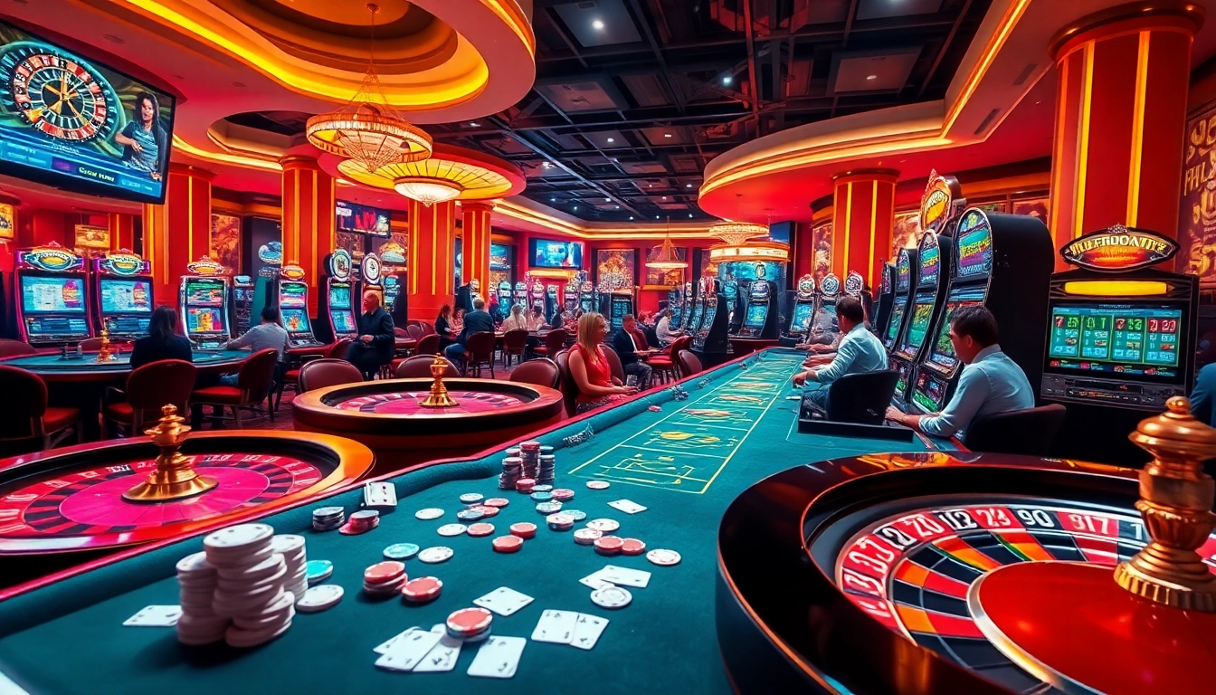Exciting casino scene at https://uu88.dad/ displaying players at poker tables, vibrant slot machines, and a roulette wheel.