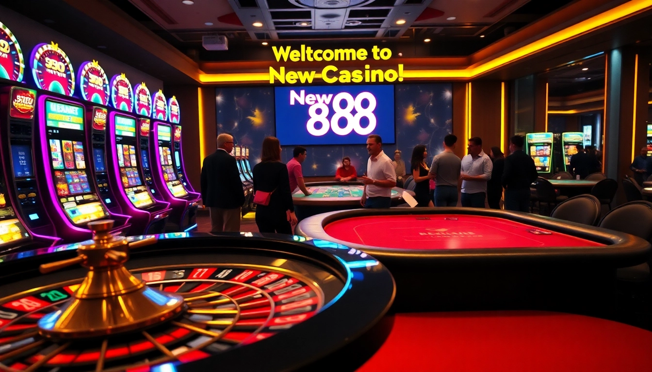 The thrilling atmosphere at New 88 Casino features spinning roulette wheels, vibrant slot machines, and players excitedly placing bets.
