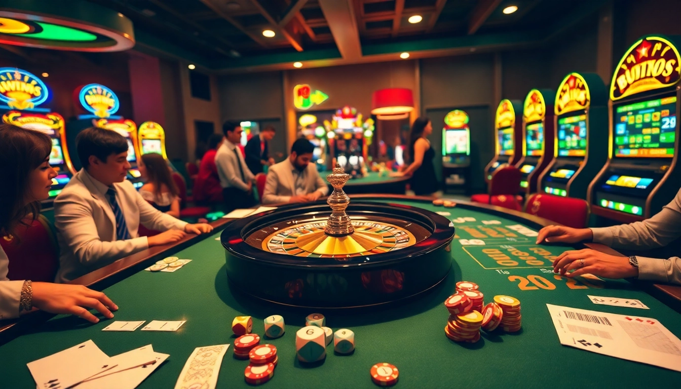 Experience the thrill of casino gaming at https://32win.academy/ with players at the roulette table and vibrant slot machines.