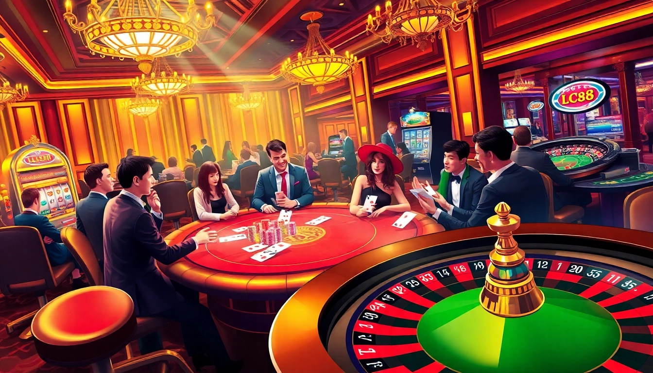 LC88 offers an exhilarating poker experience in a luxurious casino setting with vibrant poker chips and players.